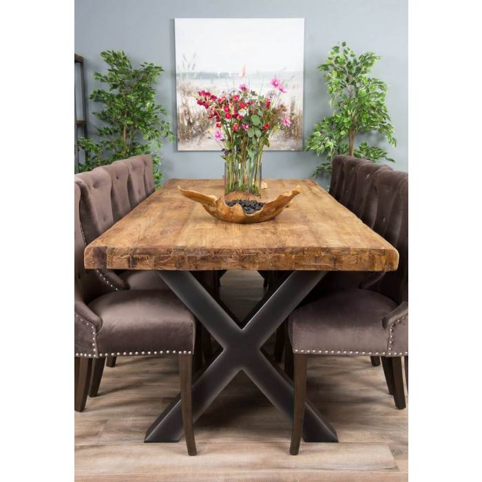 3m Reclaimed Teak Urban Fusion Cross Dining Table with Ten Velveteen Ring Back Dining Chairs  - 5