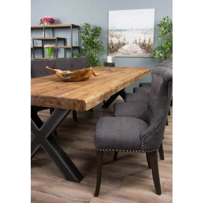 3m Reclaimed Teak Urban Fusion Cross Dining Table with Ten Dove Grey Windsor Ring Back Dining Chairs  - 1