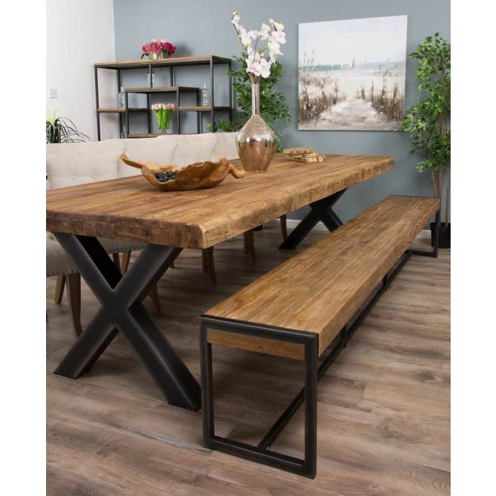 3m Reclaimed Teak Urban Fusion Cross Dining Table with One Backless Bench and 5 Natural Windsor Ring Back Dining Chairs - 2