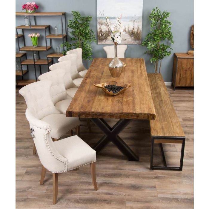 3m Reclaimed Teak Urban Fusion Cross Dining Table with One Backless Bench and 5 Natural Windsor Ring Back Dining Chairs - 4