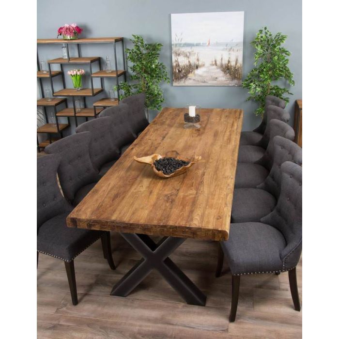 3m Reclaimed Teak Urban Fusion Cross Dining Table with Ten Dove Grey Windsor Ring Back Dining Chairs  - 3