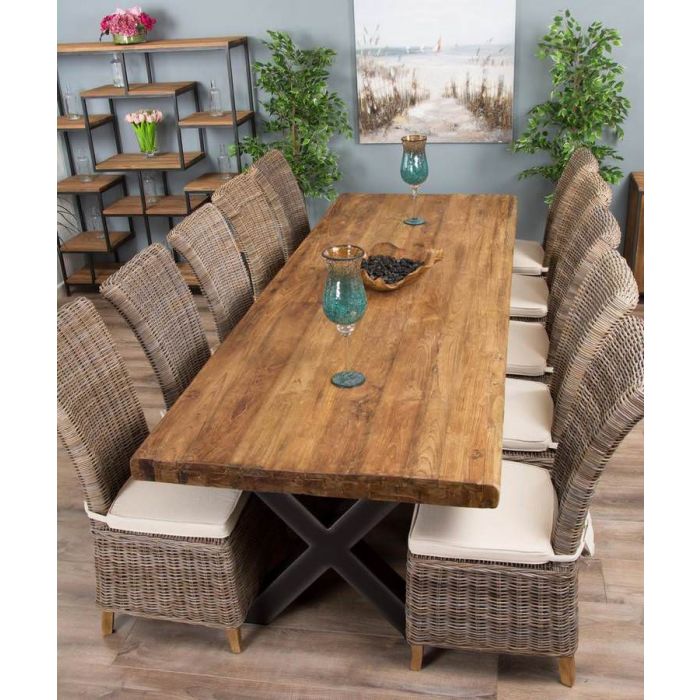 3m Reclaimed Teak Urban Fusion Cross Dining Table with Ten Latifa Dining Chairs  - 2