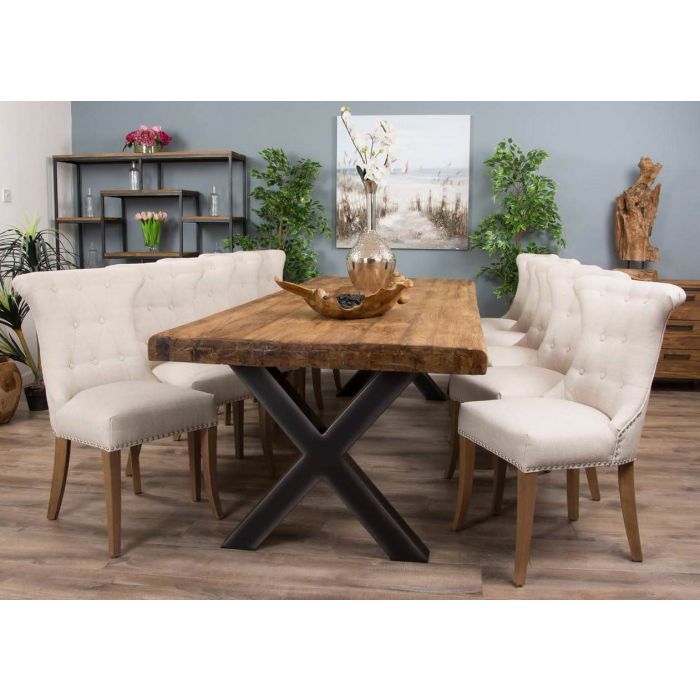 3m Reclaimed Teak Urban Fusion Cross Dining Table with Ten Natural Windsor Ring Back Dining Chairs  - 2