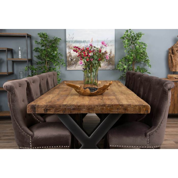 3m Reclaimed Teak Urban Fusion Cross Dining Table with Ten Velveteen Ring Back Dining Chairs  - 1