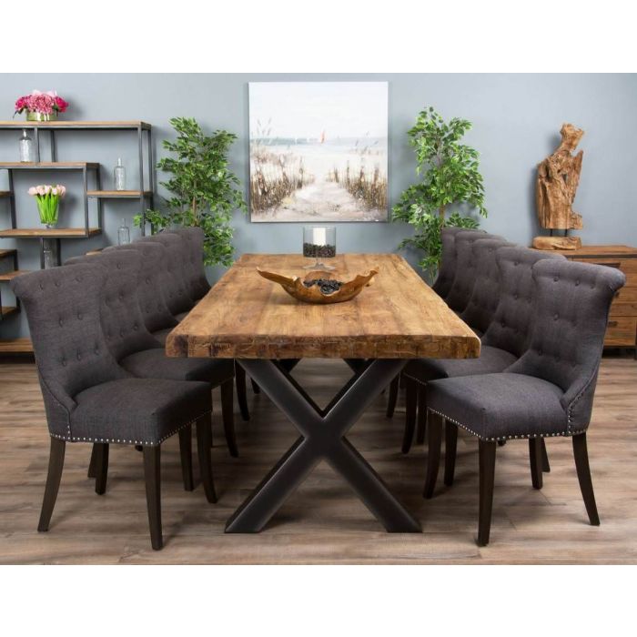 3m Reclaimed Teak Urban Fusion Cross Dining Table with Ten Dove Grey Windsor Ring Back Dining Chairs  - 2