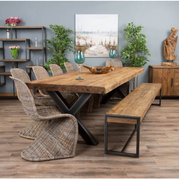 3m Reclaimed Teak Urban Fusion Cross Dining Table with One Backless Bench and 5 Zorro Dining Chairs - 8