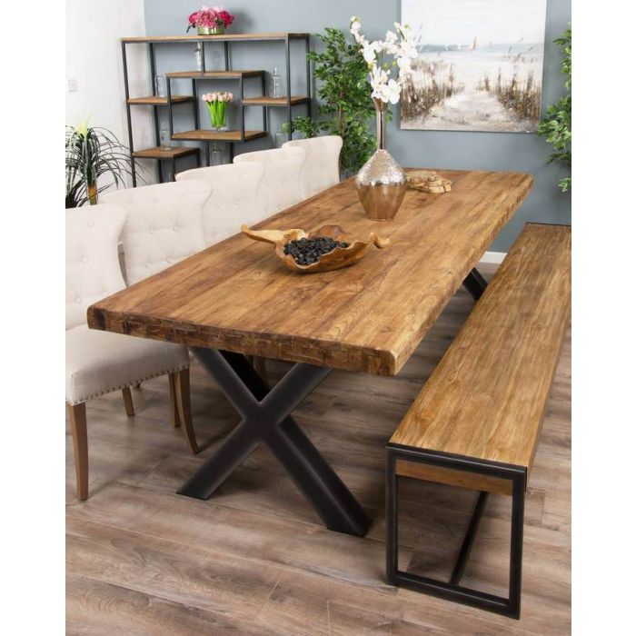 3m Reclaimed Teak Urban Fusion Cross Dining Table with One Backless Bench and 5 Natural Windsor Ring Back Dining Chairs - 1