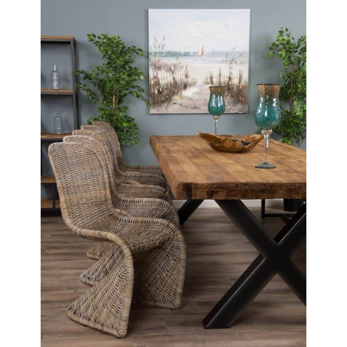 3m Reclaimed Teak Urban Fusion Cross Dining Table with One Backless Bench and 5 Zorro Dining Chairs - 4