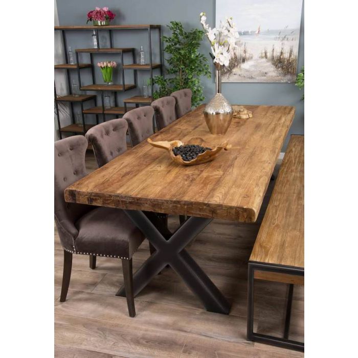 3m Reclaimed Teak Urban Fusion Cross Dining Table with One Backless Bench and 5 Velveteen Ring Back Dining Chairs - 1