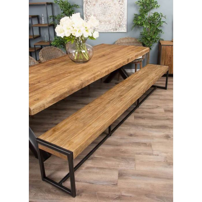 3m Reclaimed Teak Urban Fusion Cross Dining Table with 1 Backless Bench & 4 Scandi Armchairs - 5