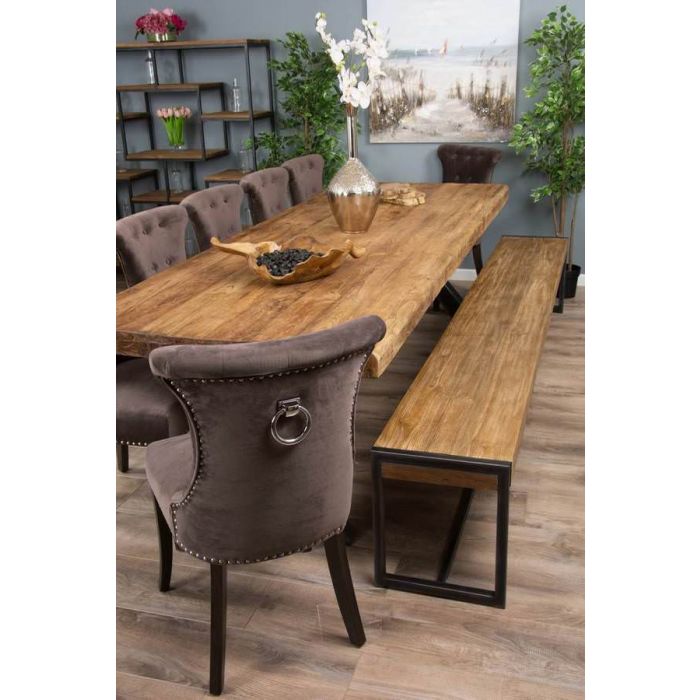3m Reclaimed Teak Urban Fusion Cross Dining Table with One Backless Bench and 5 Velveteen Ring Back Dining Chairs - 6