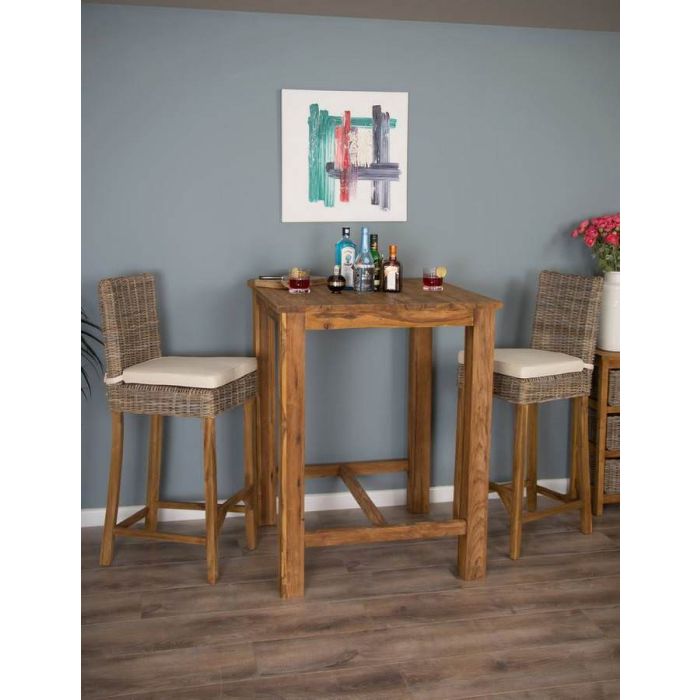 90cm Reclaimed Teak Square Bar Table with 2 Kubu Wicker Bar Stools - 1