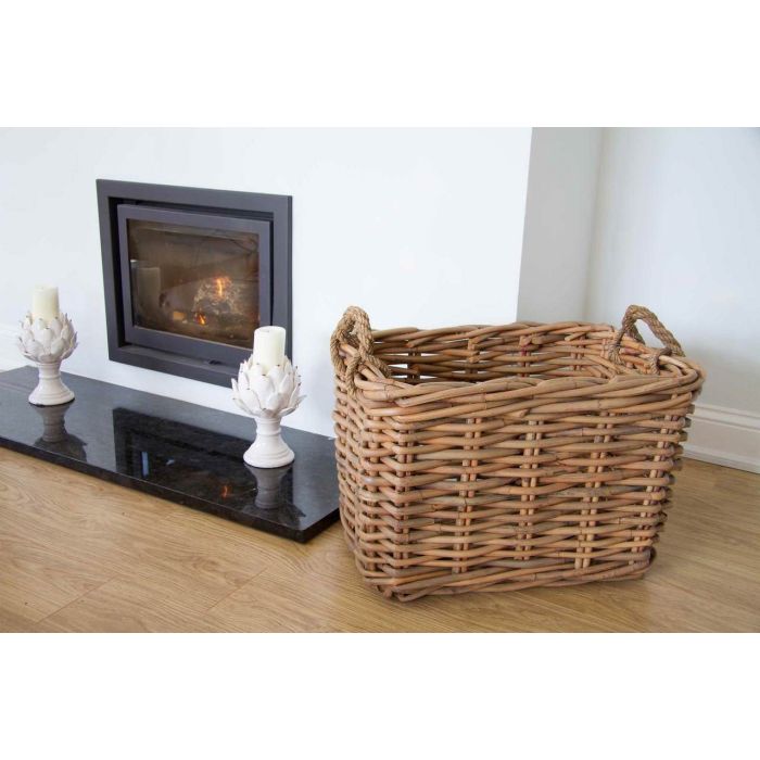 Pair of Natural Wicker Rectangular Log Baskets with Rope Handles - 2