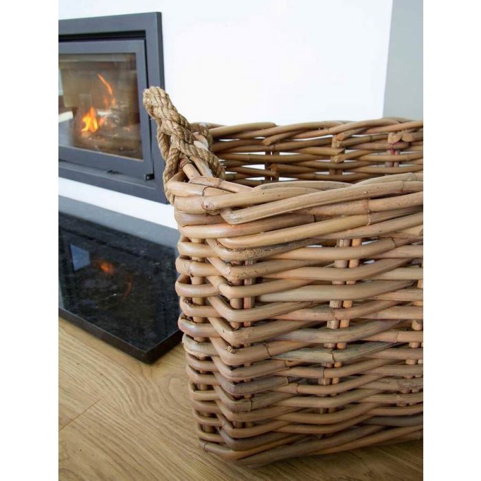 Pair of Natural Wicker Rectangular Log Baskets with Rope Handles - 6