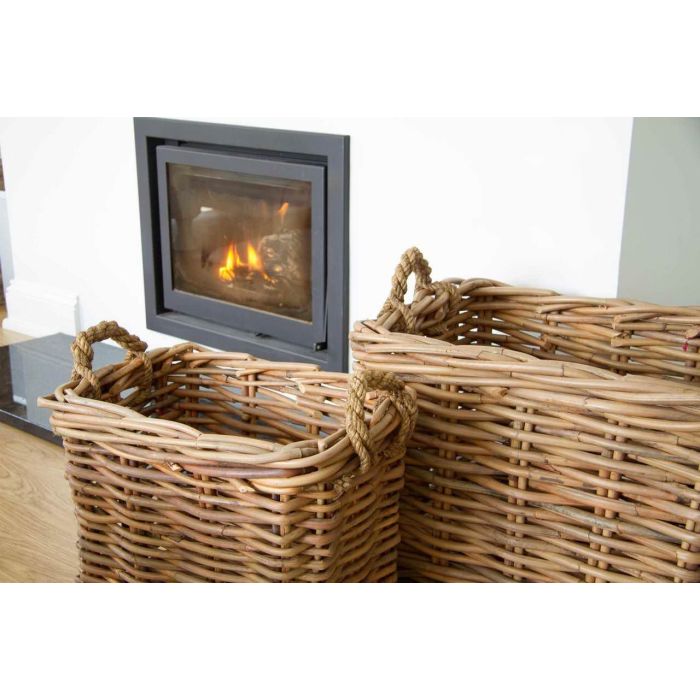 Pair of Natural Wicker Rectangular Log Baskets with Rope Handles - 1