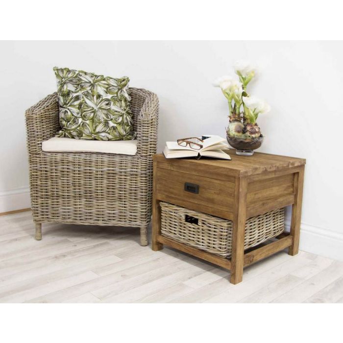 Reclaimed Teak Storage Unit with 1 Drawer and 1 Wicker Basket - Square - 3