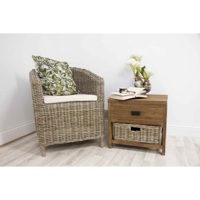 Reclaimed Teak Storage Unit with 1 Drawer and 1 Wicker Basket - Square - 2