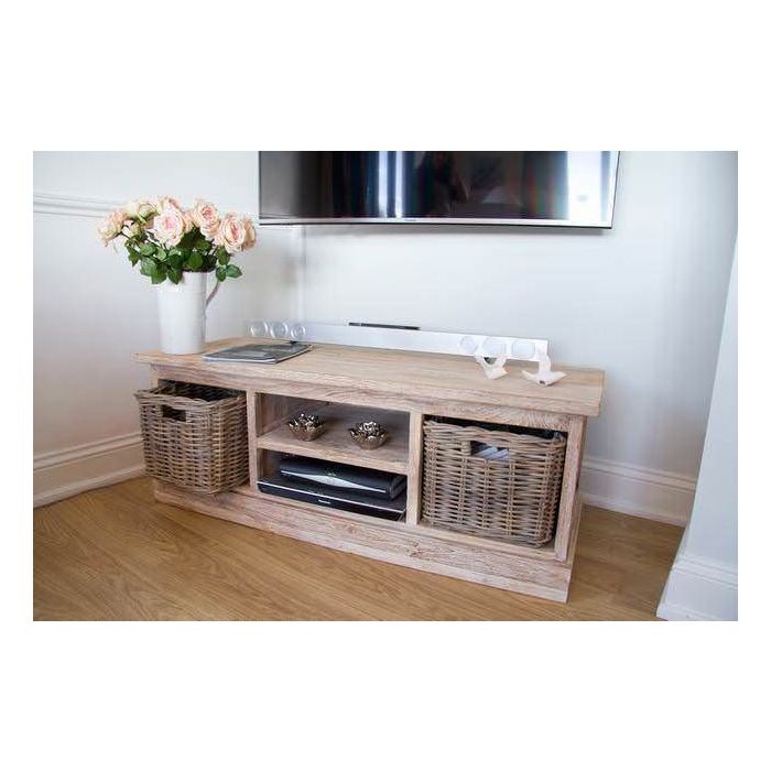 Reclaimed Teak TV Cabinet with Kubu Wicker Draws - White Wash - 2