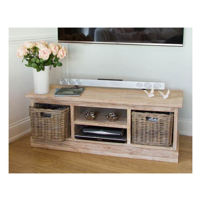 Reclaimed Teak TV Cabinet with Kubu Wicker Draws - White Wash - 1