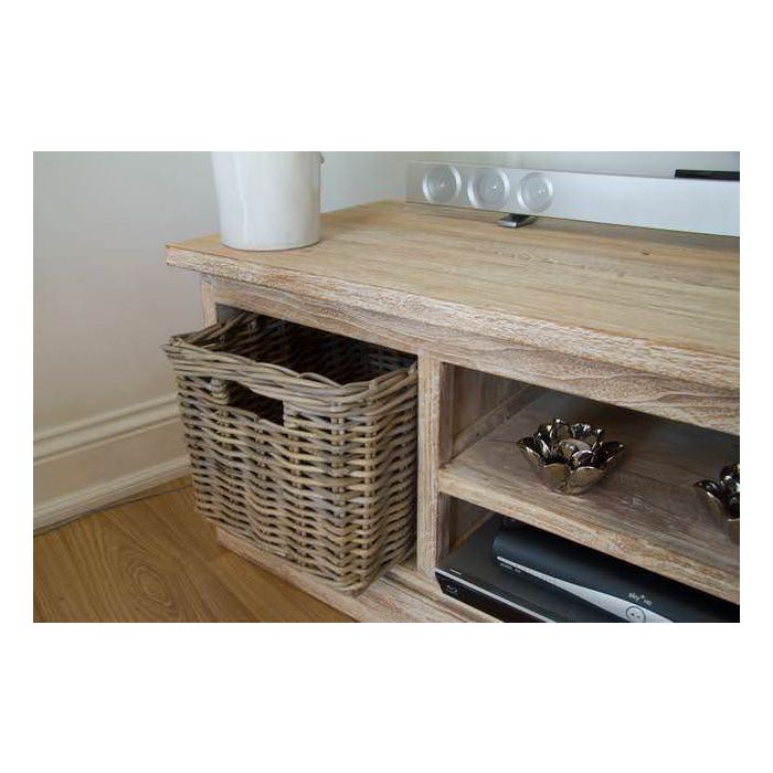 Reclaimed Teak TV Cabinet with Kubu Wicker Draws - White Wash - 6