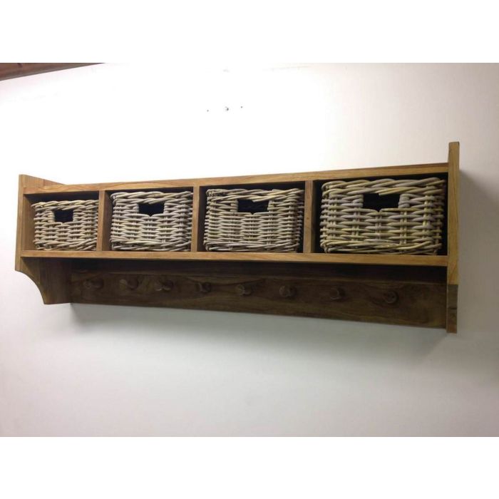 Reclaimed Teak Hall Seat with Natural Cushion - Four Basket - 6