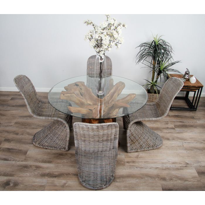 1.2m Reclaimed Teak Root Circular Dining Table with 4 Zorro Chairs  - 1