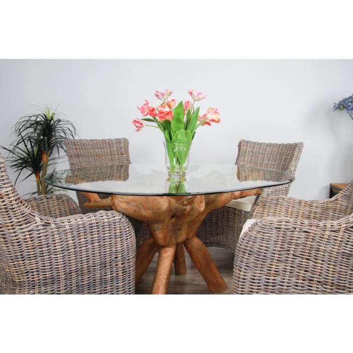 1.5m x 1.2m Reclaimed Teak Root Oval Dining Table with 4 Donna Armchairs - 4