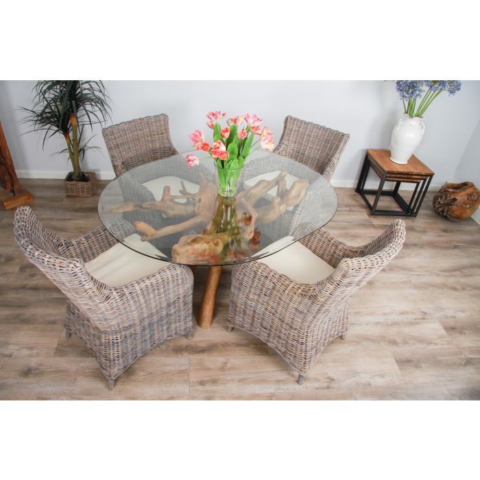 1.5m x 1.2m Reclaimed Teak Root Oval Dining Table with 4 Donna Armchairs - 1