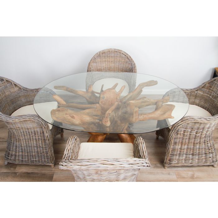 1.5m x 1.2m Reclaimed Teak Root Oval Dining Table with 4 Riviera Armchairs - 5