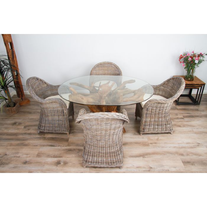 1.5m x 1.2m Reclaimed Teak Root Oval Dining Table with 4 Riviera Armchairs - 2
