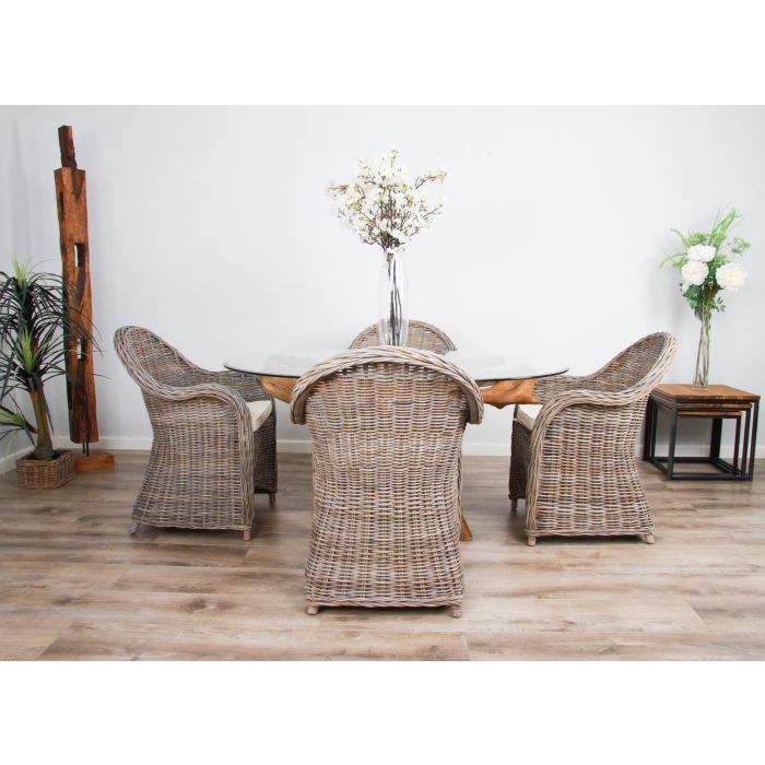 1.5m x 1.2m Reclaimed Teak Root Oval Dining Table with 4 Riviera Armchairs - 1