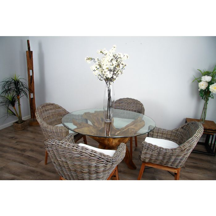 1.2m Reclaimed Teak Root Circular Dining Table with 4 Scandi Armchairs  - 5