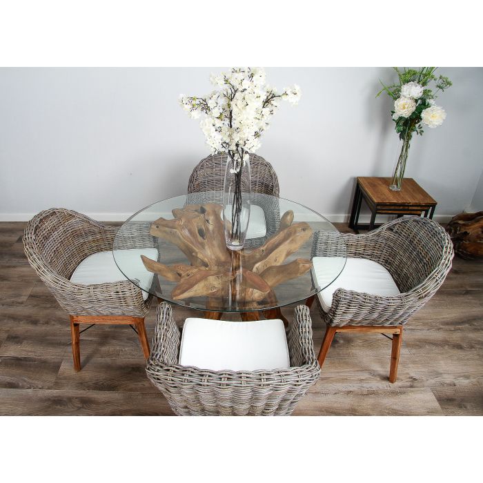 1.2m Reclaimed Teak Root Circular Dining Table with 4 Scandi Armchairs  - 4