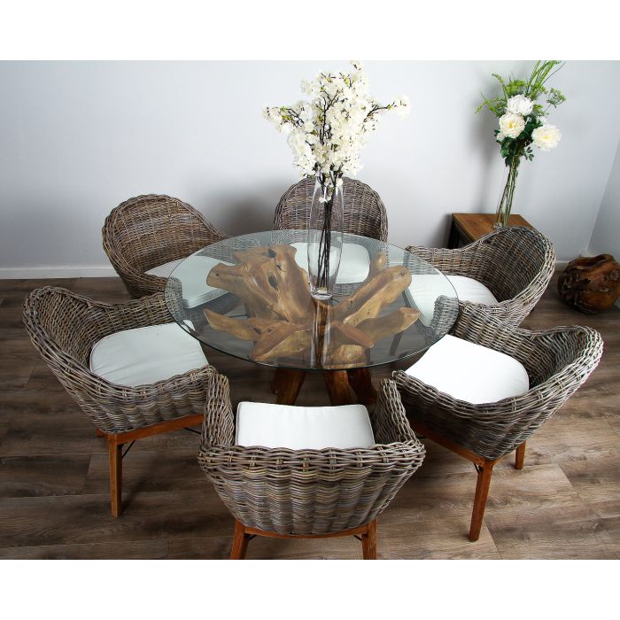 1.2m Reclaimed Teak Root Circular Dining Table with 4 Scandi Armchairs  - 3