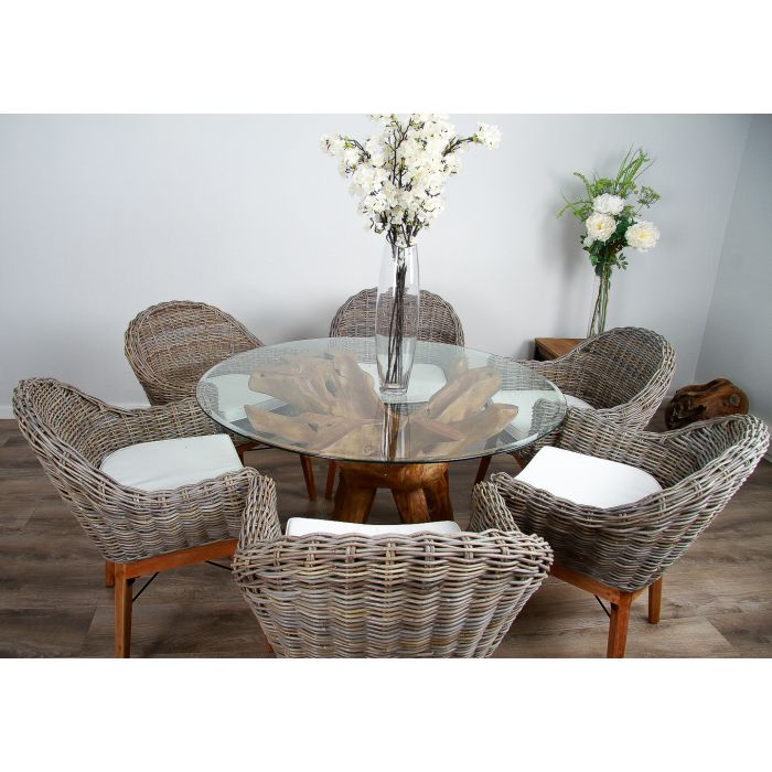 1.2m Reclaimed Teak Root Circular Dining Table with 4 Scandi Armchairs  - 2