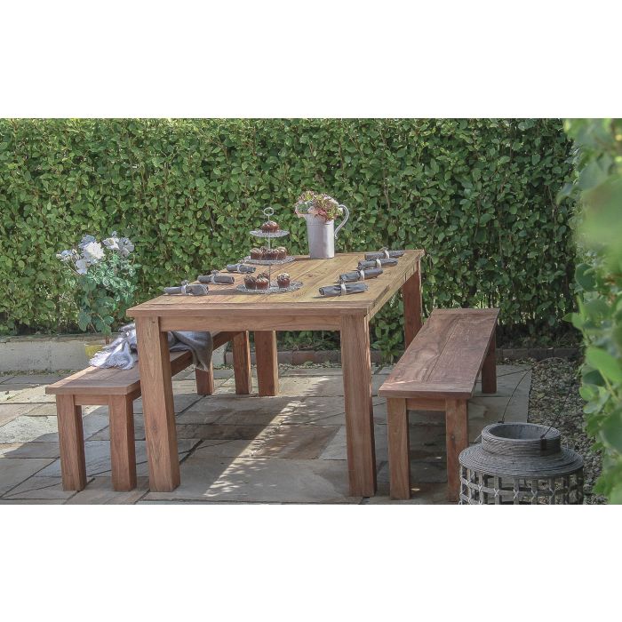 2m Reclaimed Teak Outdoor Open Slatted Table with 2 Backless Benches  - 1