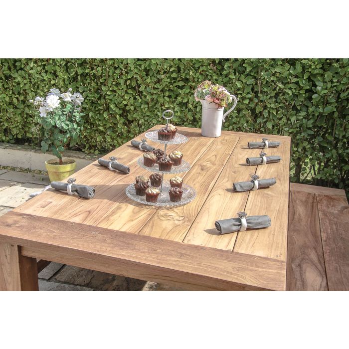 2m Reclaimed Teak Outdoor Open Slatted Table with 2 Backless Benches  - 2