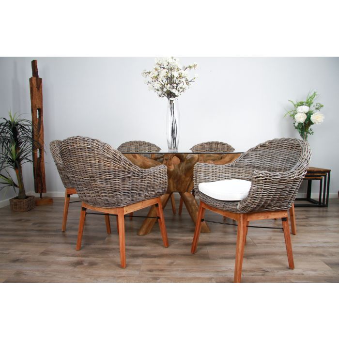 1.5m x 1.2m Reclaimed Teak Root Oval Dining Table with 4 Scandi Chairs - 9