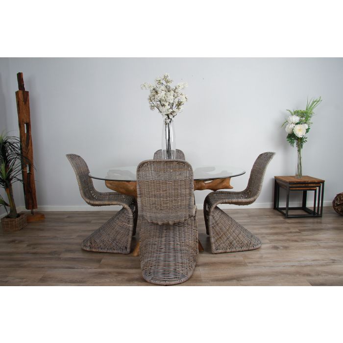 1.5m x 1.2m Reclaimed Teak Root Oval Dining Table with 4 Zorro Chairs - 2