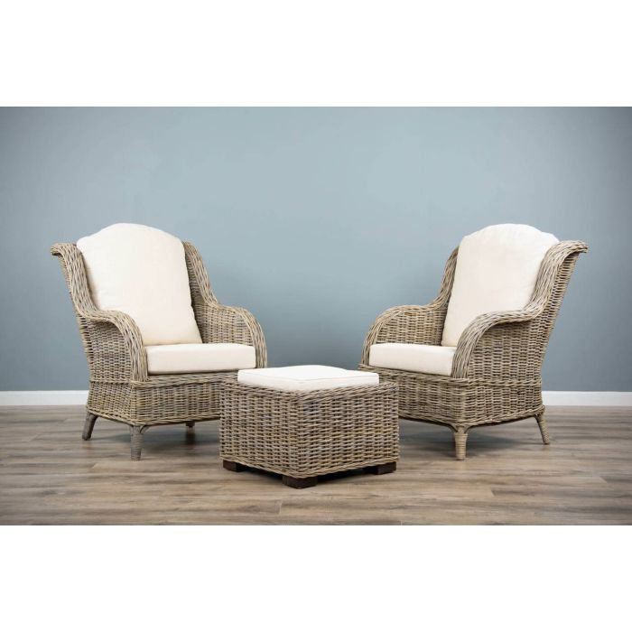 2 Jumo Natural Wicker Armchairs and Footstool Set - 2
