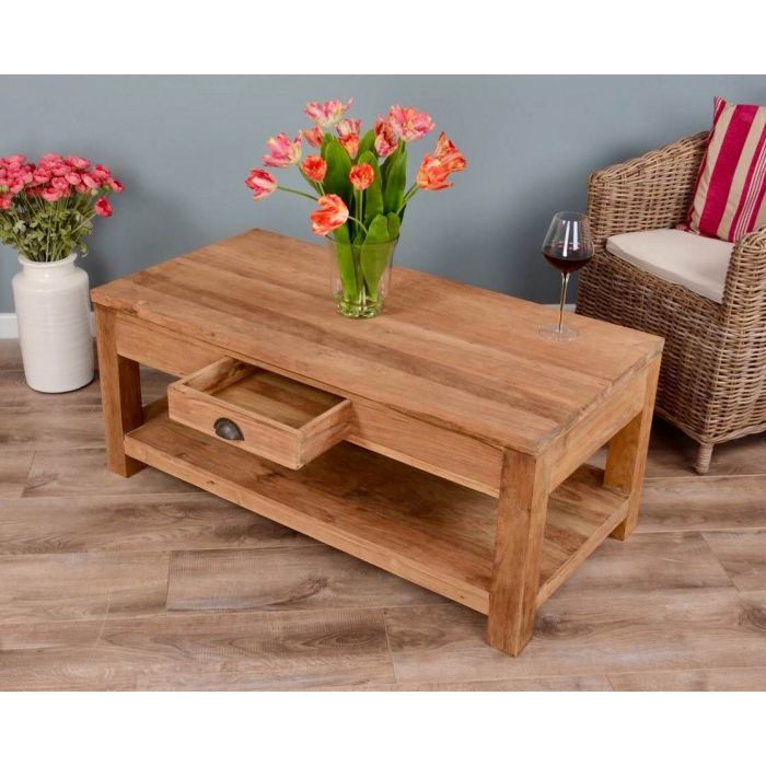 120cm Reclaimed Teak Modern Coffee Table with Draw & Shelf - 3