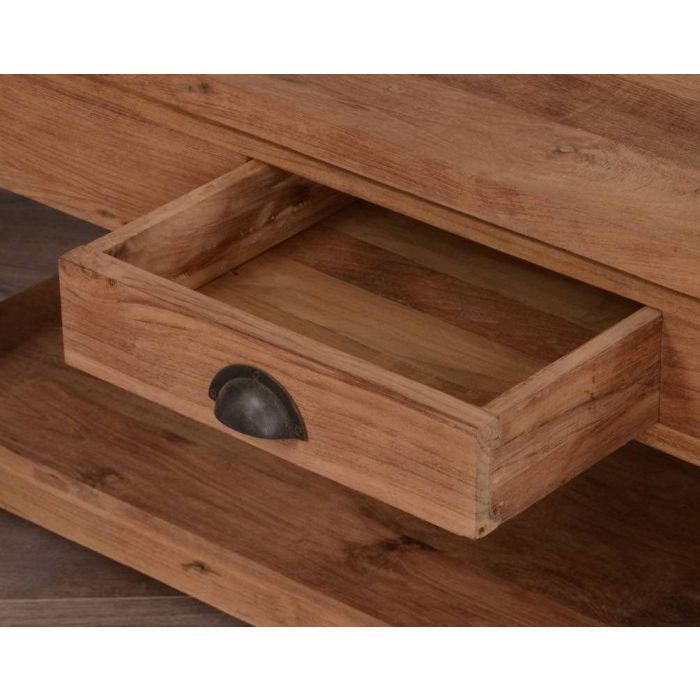 120cm Reclaimed Teak Modern Coffee Table with Draw & Shelf - 2