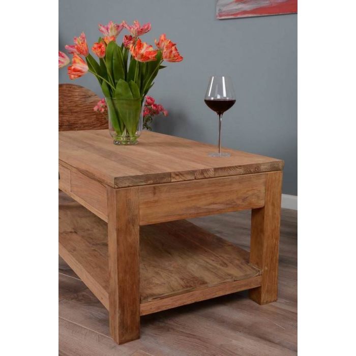 120cm Reclaimed Teak Modern Coffee Table with Draw & Shelf - 1