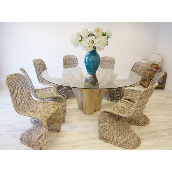 1.8m Reclaimed Teak Root Flute Circular Dining Table with 8 Stackable Zorro Chairs - 0