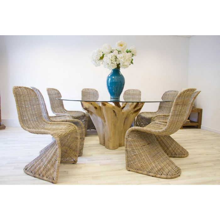 1.8m Reclaimed Teak Root Flute Circular Dining Table with 8 Stackable Zorro Chairs - 5