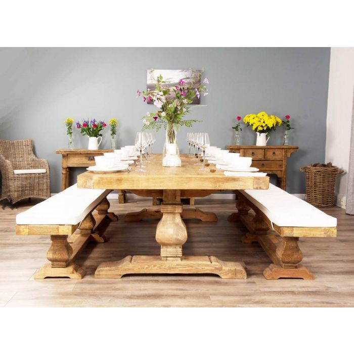 3m Reclaimed Elm Pedestal Dining Table with 2 Benches  - 10