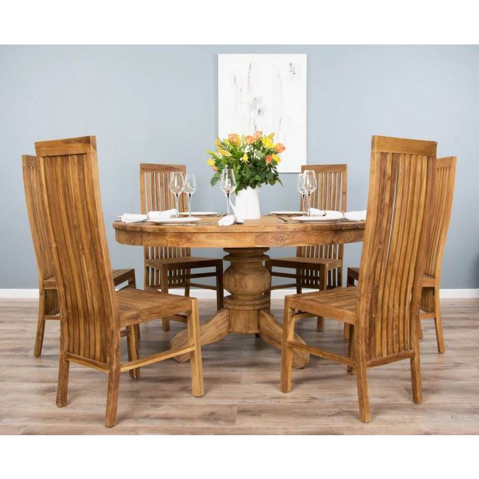 1.5m Reclaimed Teak Circular Pedestal Dining Table with 6 or 8 Vikka Chairs - 1