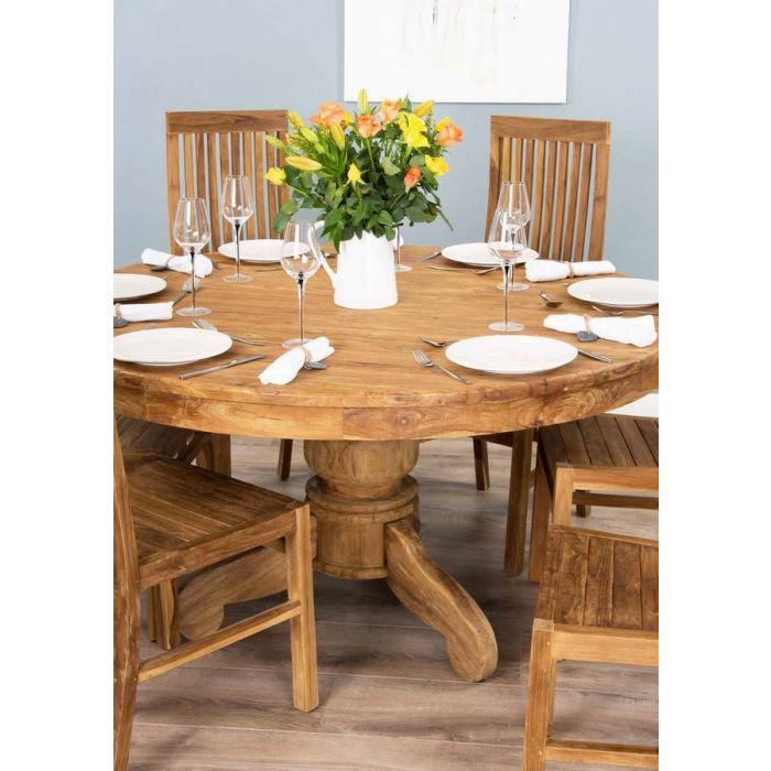 1.5m Reclaimed Teak Circular Pedestal Dining Table with 6 or 8 Vikka Chairs - 2