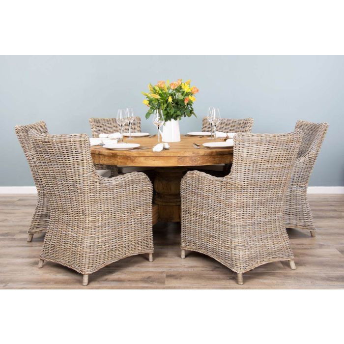 1.5m Reclaimed Teak Circular Pedestal Dining Table with 6 Donna Armchairs - 4