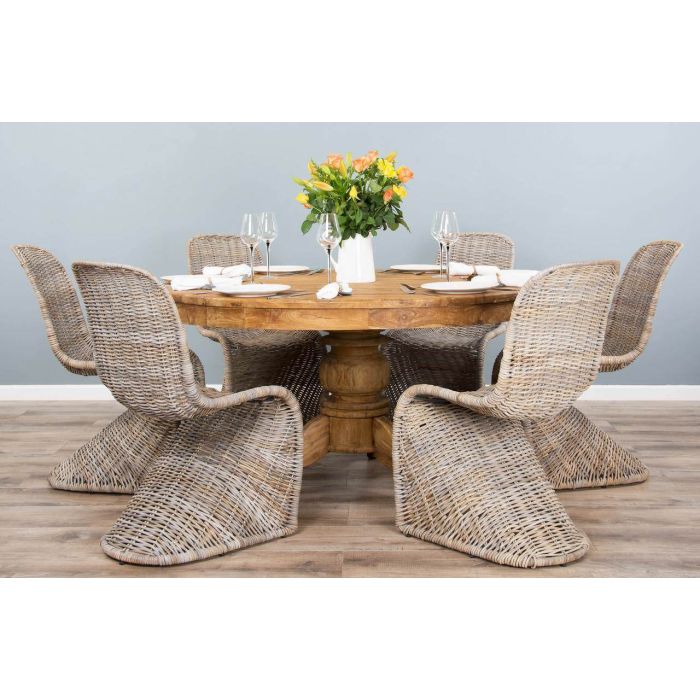 1.5m Reclaimed Teak Circular Pedestal Dining Table with 6 Zorro Chairs - 3